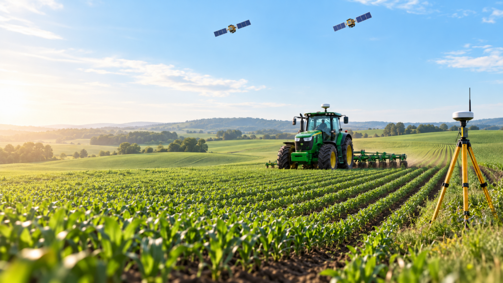 Ilustrație: tractor, sateliți și bază GNSS pe trepied în câmp